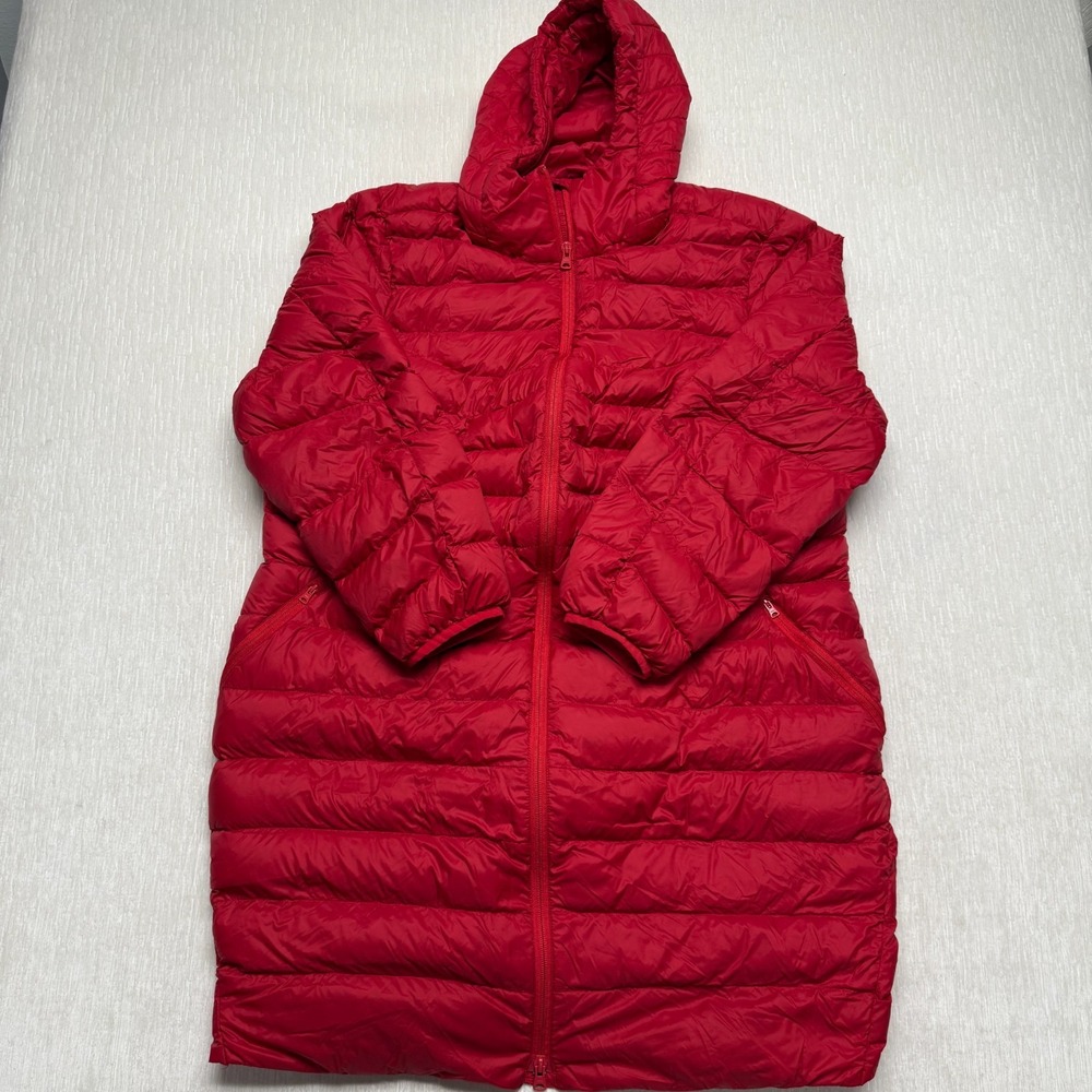 Lands' End Puffer Long Coat Womens 1X Red Hooded Down Blend Softshell Outdoor
